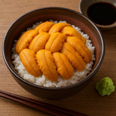 Fresh uni (sea urchin roe) served over sushi rice in a traditional Japanese donburi bowl, accompanied by wasabi and soy sauce—rich in natural astaxanthin and prized for its umami flavor.