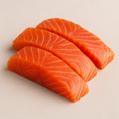 Fresh coho salmon sashimi slices rich in natural astaxanthin, featuring bright orange-red flesh and delicate marbling.