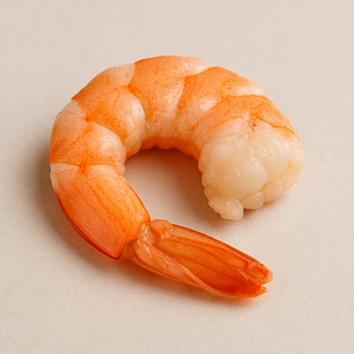 Cooked shrimp curled into a ‘C’ shape, naturally colored with astaxanthin for its bright pink-orange appearance and antioxidant benefits.