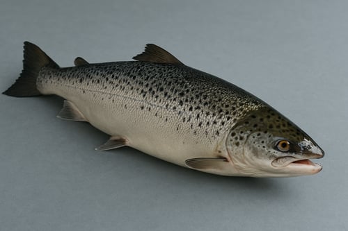 Fresh whole Atlantic salmon with silver scales and spotted skin, a natural source of astaxanthin and omega-3 fatty acids.