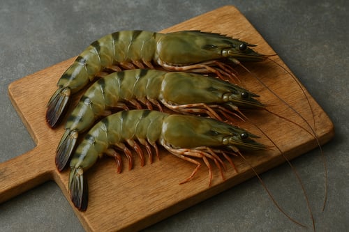Raw tiger prawns with striped shells displayed on a wooden board, a natural source of astaxanthin and essential marine nutrients.