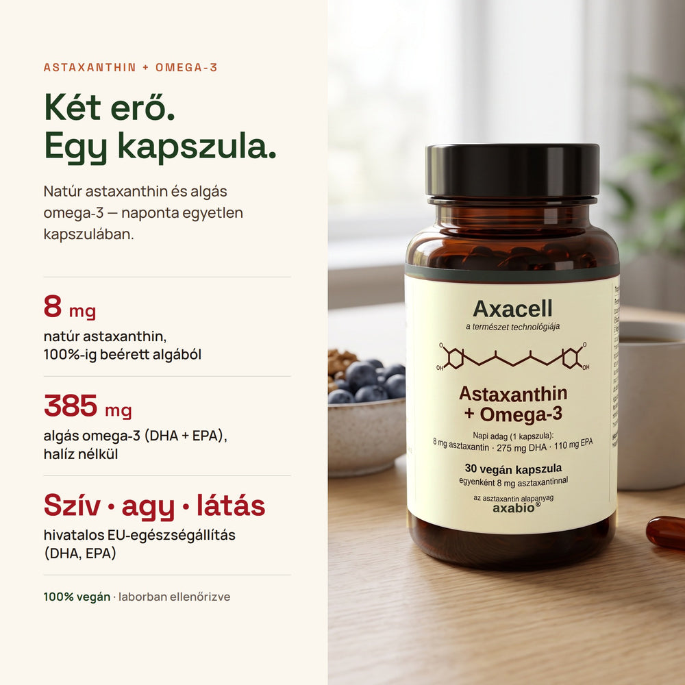 Két erő, egy kapszula: 8 mg natúr asztaxantin és 385 mg algás omega-3 (DHA + EPA)