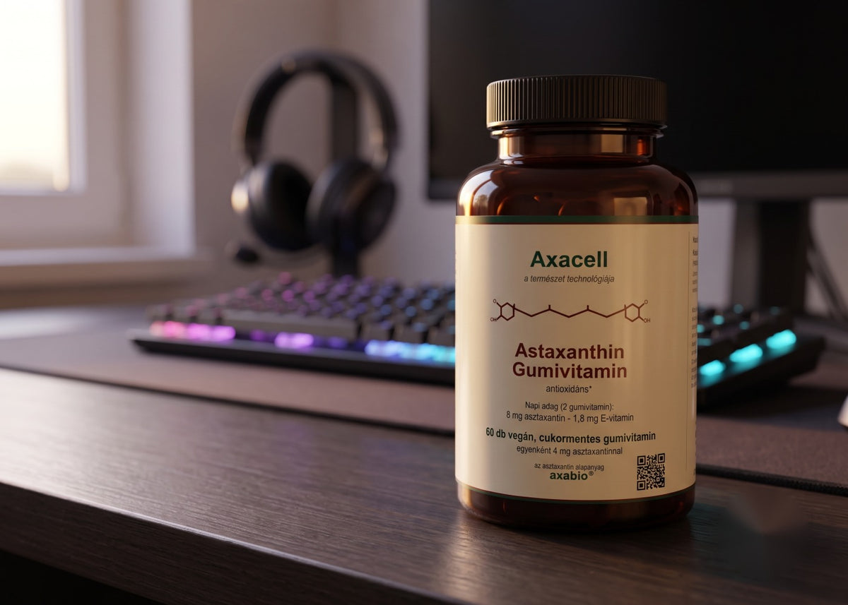 Axacell astaxanthin gumivitamin gamer asztalon, RGB billentyűzet és fejhallgató mellett