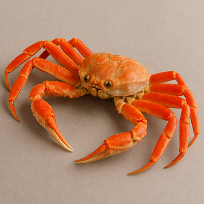 Whole cooked snow crab with bright orange shell and long legs, naturally rich in astaxanthin and marine nutrients.