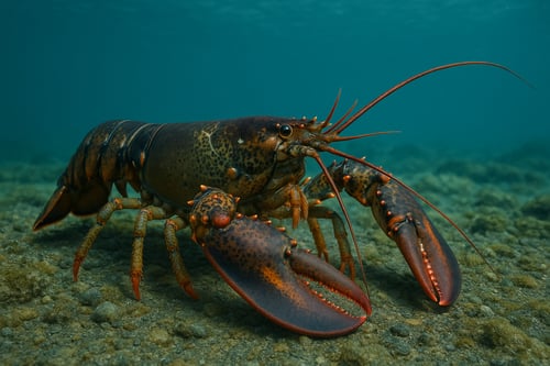 Live American lobster in its natural underwater habitat, rich in natural astaxanthin and marine nutrients.